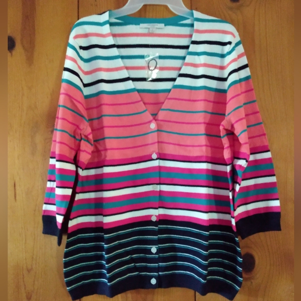 Claiborne 3/4 Sleeve Striped Cardigan